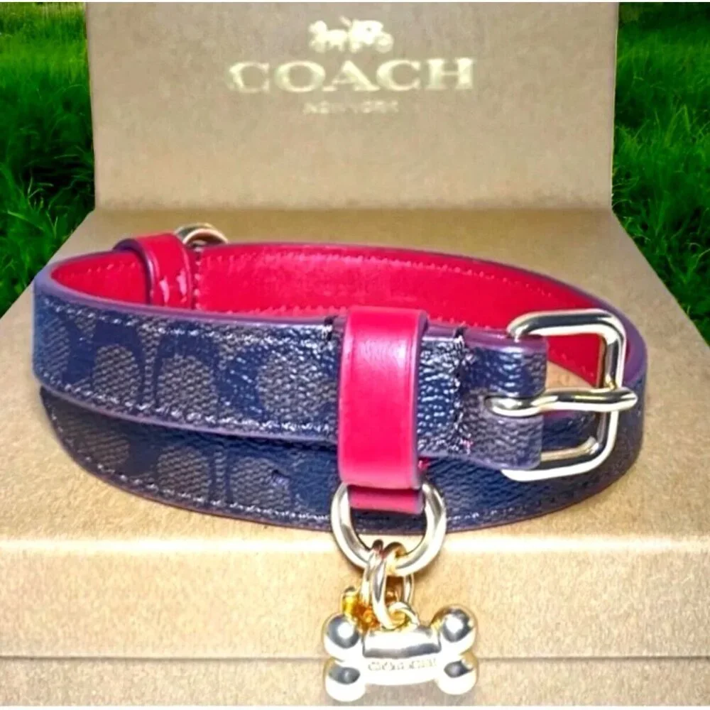 Coach Dog Collar + Apple AirTag Tracker! Brown Red Signature C Size Large - Picture 3 of 10